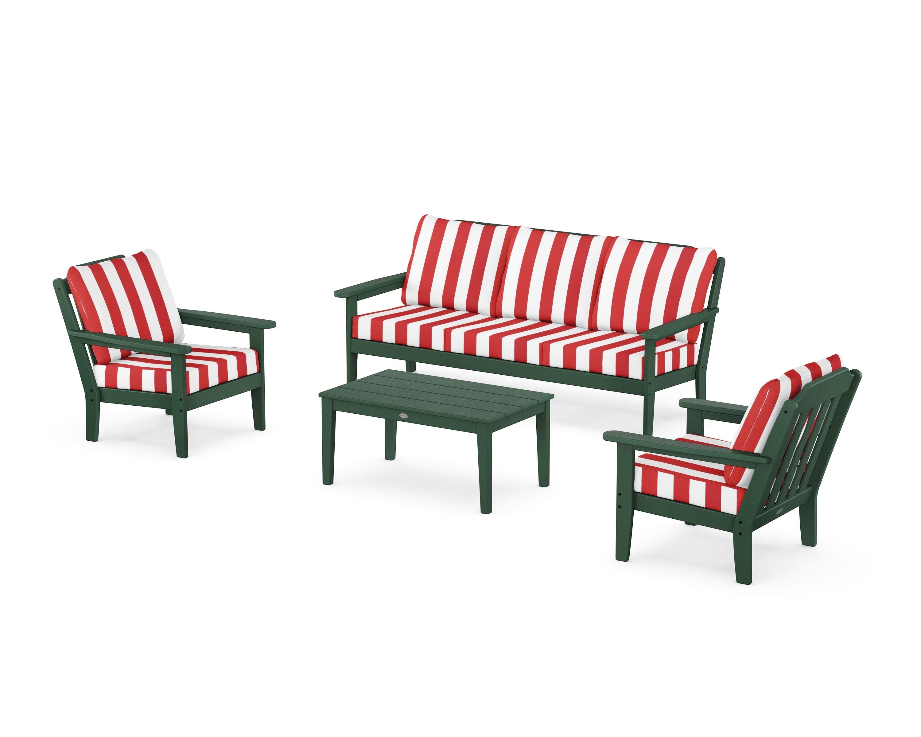 Country Living Cottage 4-Piece Deep Seating Set with Sofa in Green / Cabana Stripe Crimson
