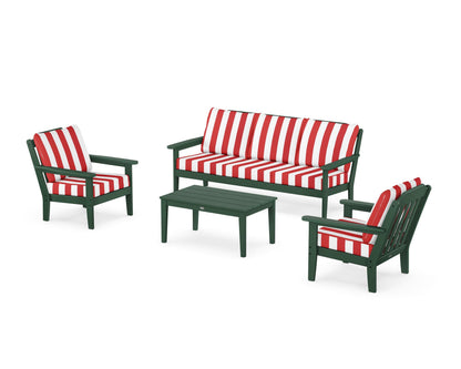 Country Living Cottage 4-Piece Deep Seating Set with Sofa in Green / Cabana Stripe Crimson