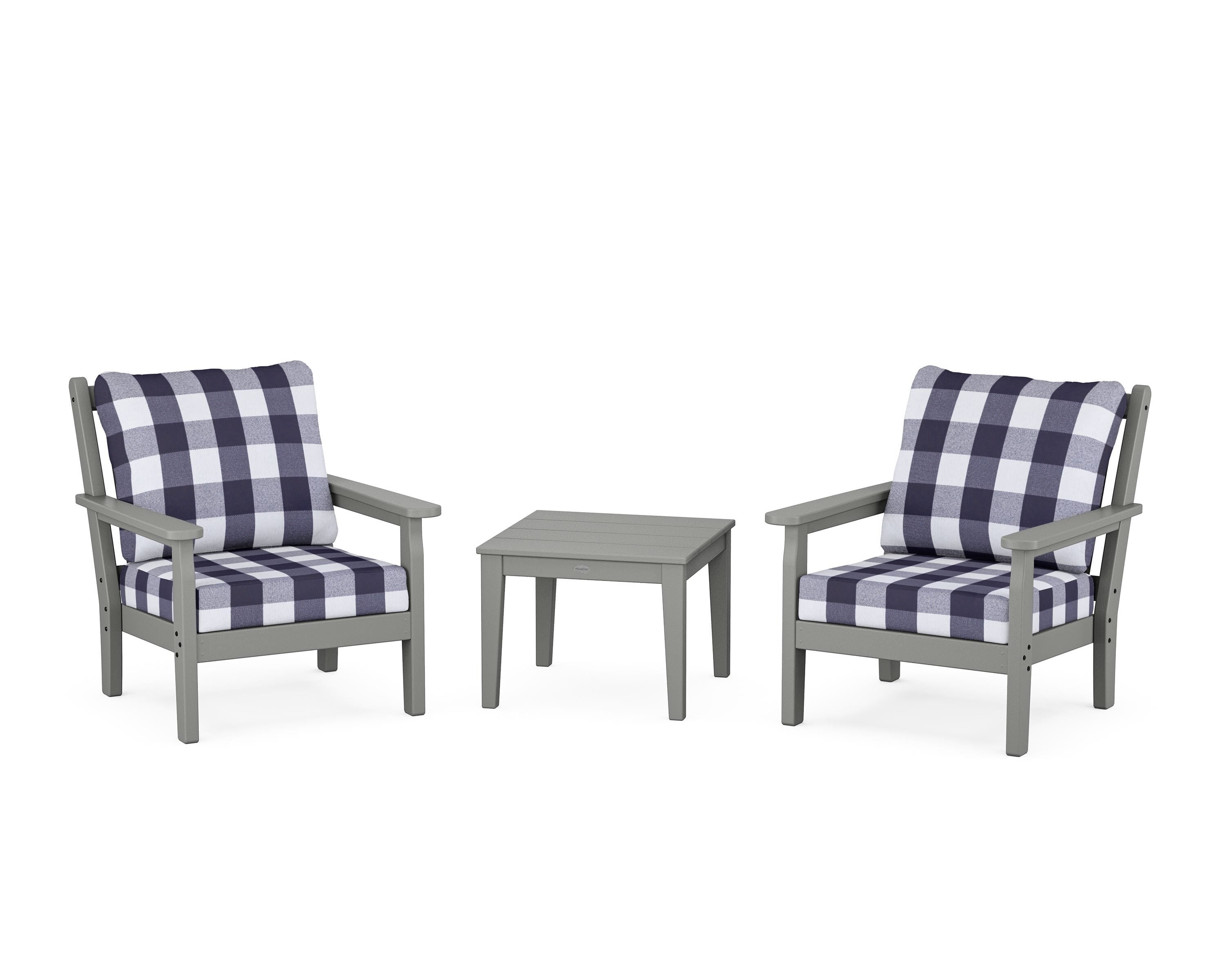 POLYWOOD® Chippendale 3-Piece Deep Seating Set in Slate Grey / Buffalo Plaid Navy