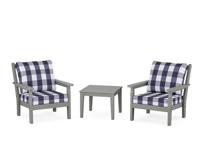 POLYWOOD® Chippendale 3-Piece Deep Seating Set in Slate Grey / Buffalo Plaid Navy