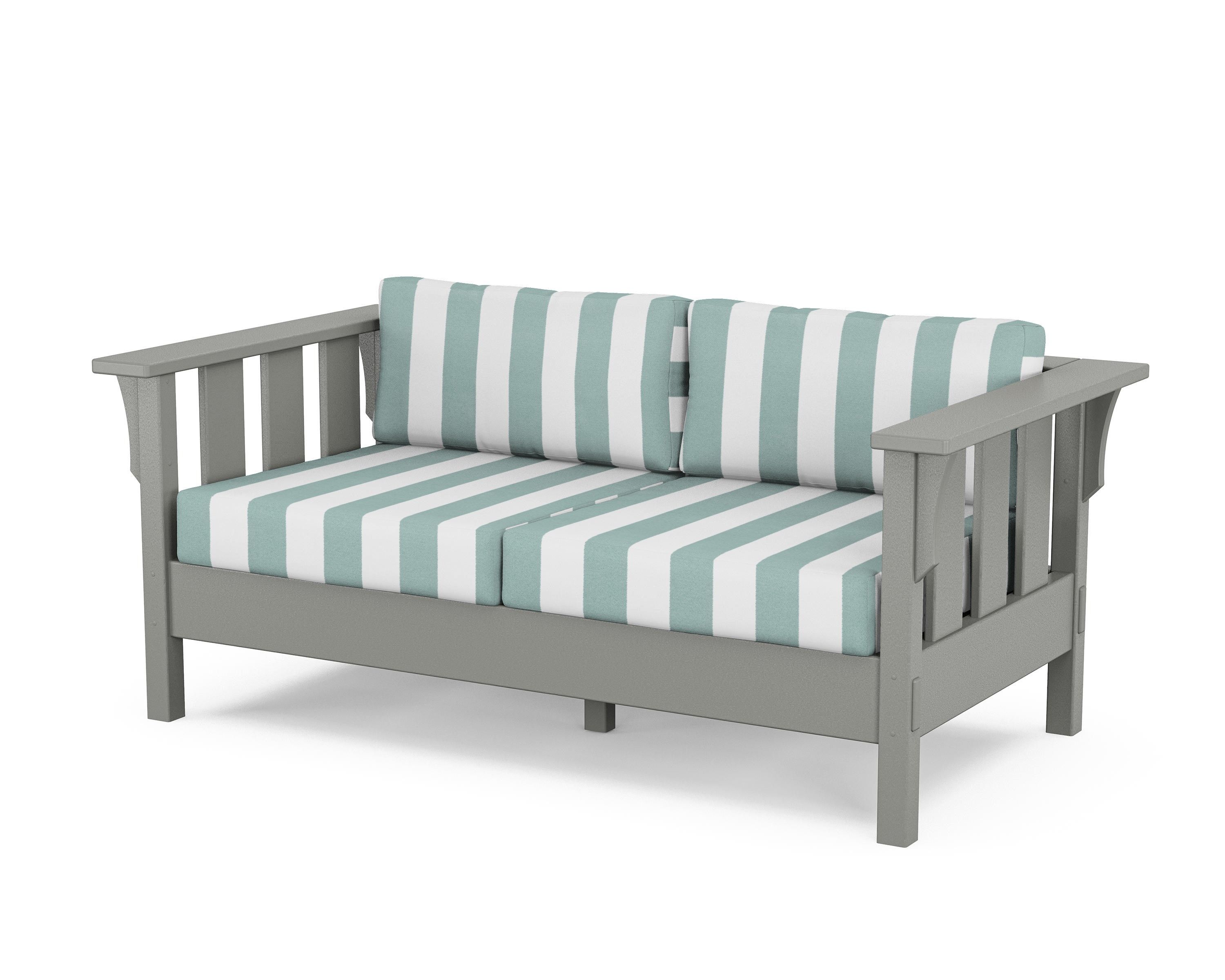 Martha Stewart by POLYWOOD® Acadia Deep Seating Loveseat in Slate Grey / Cabana Stripe Glacier Spa