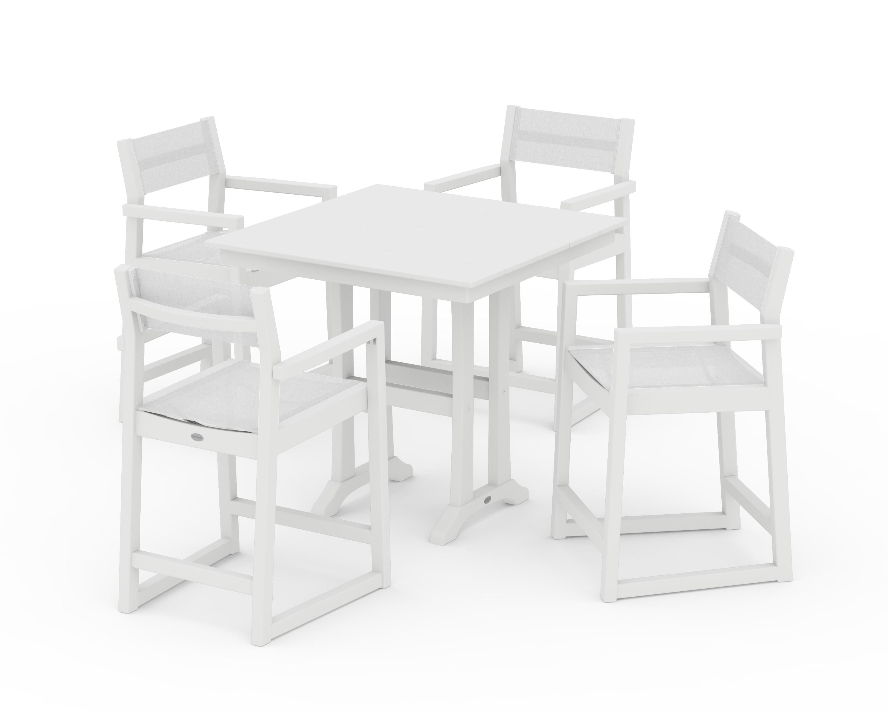 POLYWOOD® EDGE Sling Arm Chair 5-Piece Farmhouse Counter Set with Trestle Legs in White / White Sling