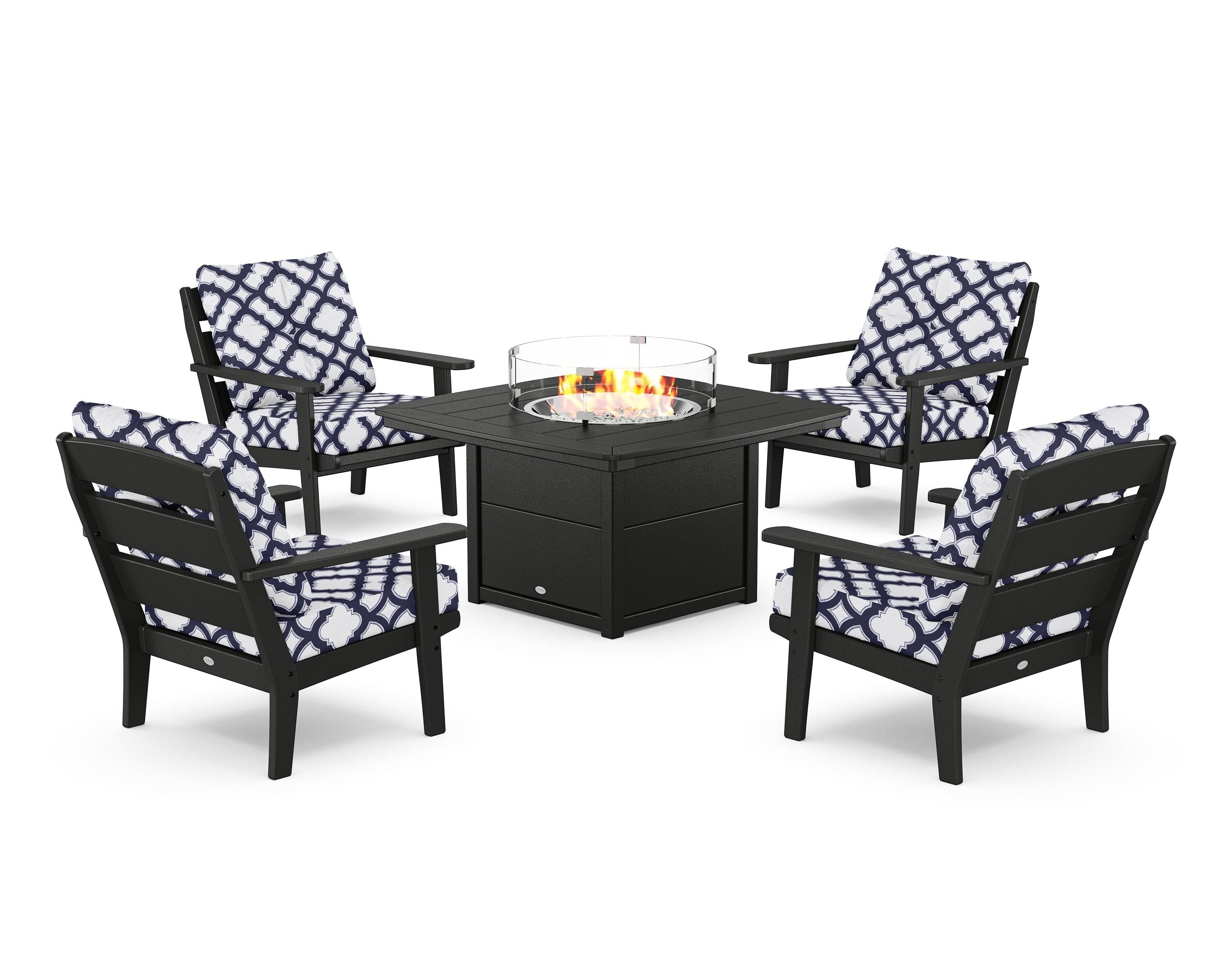 POLYWOOD® Lakeside 5-Piece Deep Seating Set with Nautical Fire Pit Table in Black / Trellis Navy