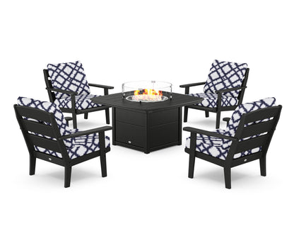POLYWOOD® Lakeside 5-Piece Deep Seating Set with Nautical Fire Pit Table in Black / Trellis Navy