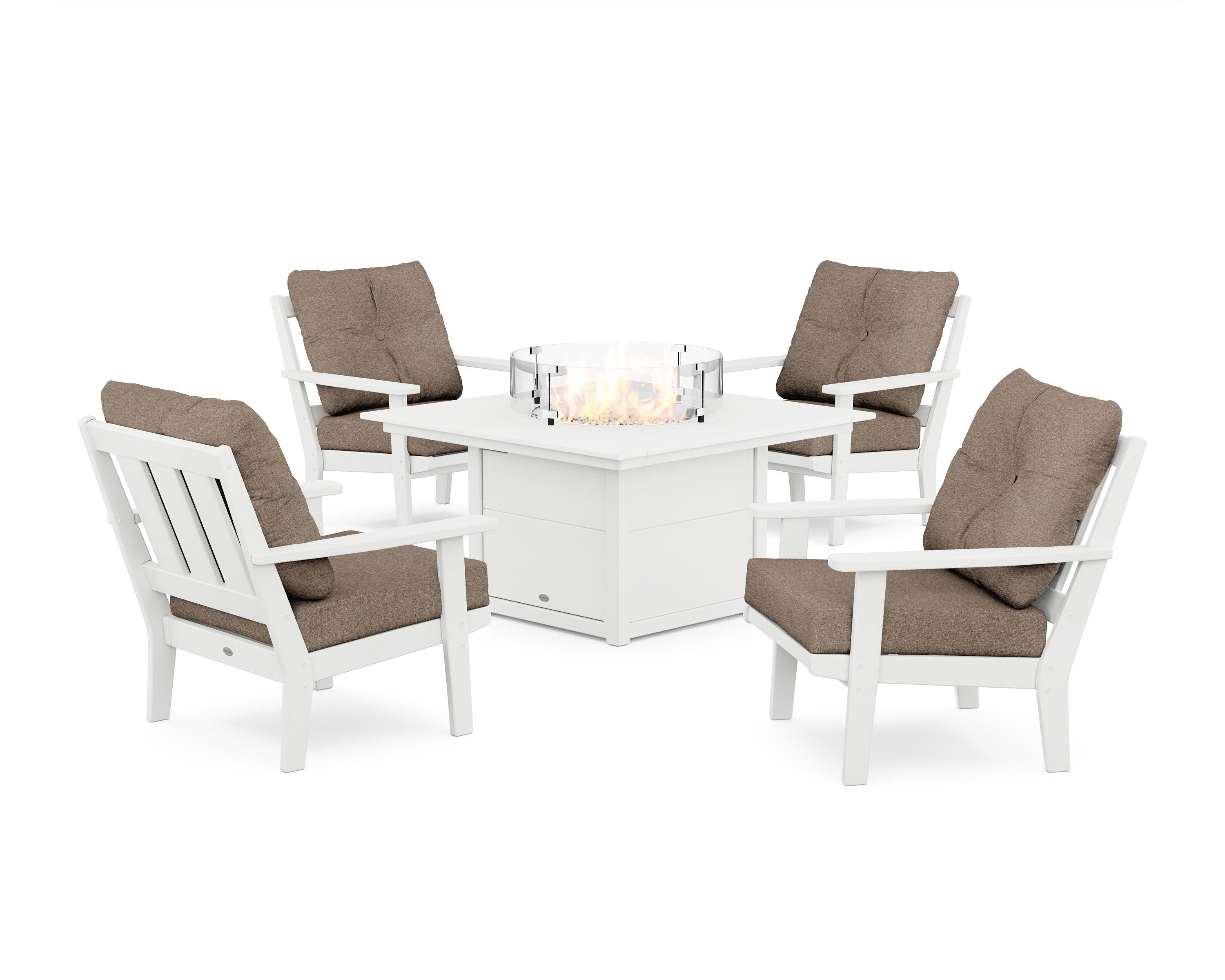 POLYWOOD® Oxford 5-Piece Deep Seating Set with Fire Pit Table in White / Spiced Burlap