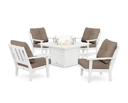 POLYWOOD® Oxford 5-Piece Deep Seating Set with Fire Pit Table in White / Spiced Burlap