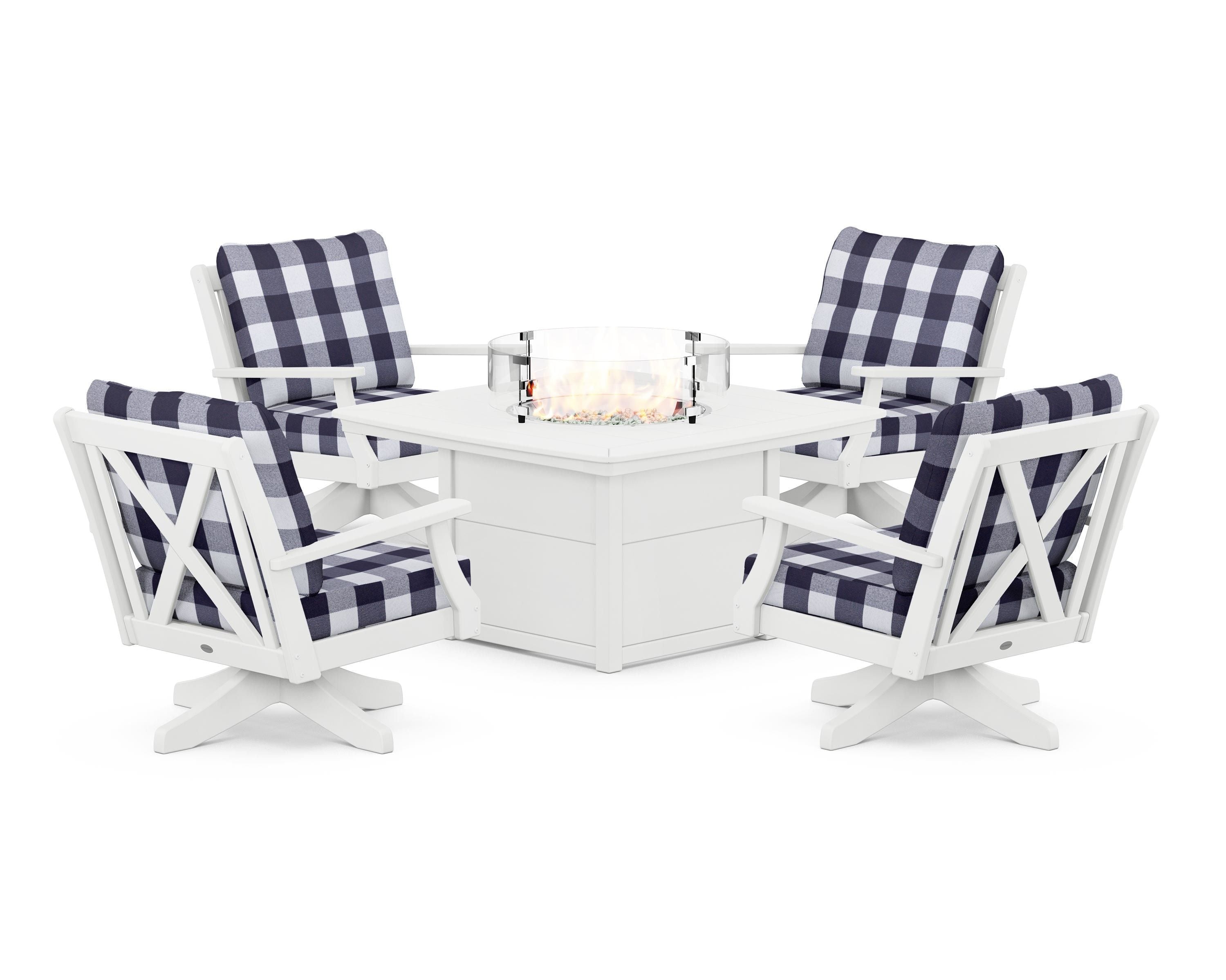 POLYWOOD® Braxton 5-Piece Deep Seating Swivel Conversation Set with Fire Pit Table in White / Buffalo Plaid Navy