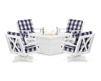 POLYWOOD® Braxton 5-Piece Deep Seating Swivel Conversation Set with Fire Pit Table in White / Buffalo Plaid Navy