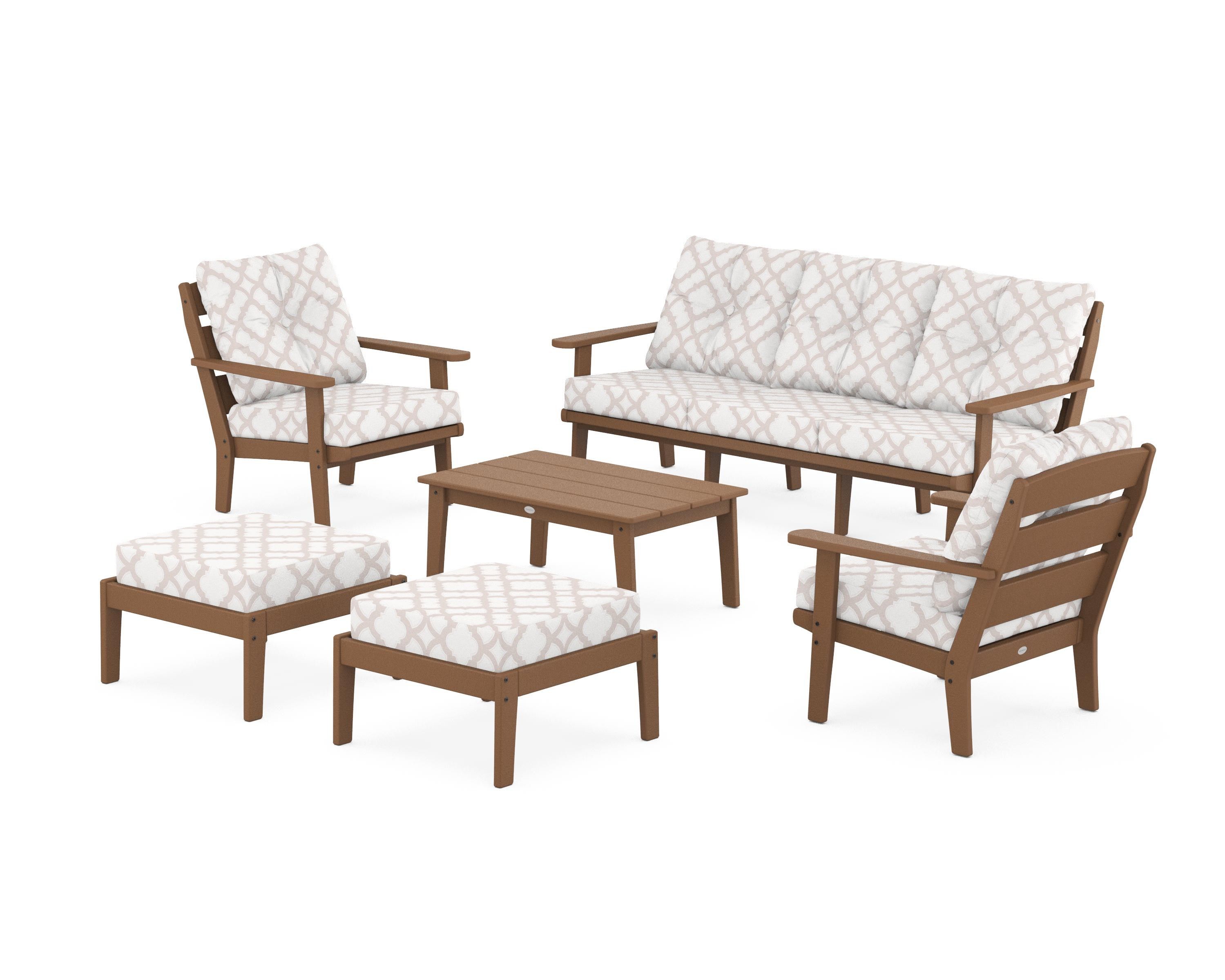 POLYWOOD® Lakeside 6-Piece Lounge Sofa Set in Teak / Trellis Dune Burlap