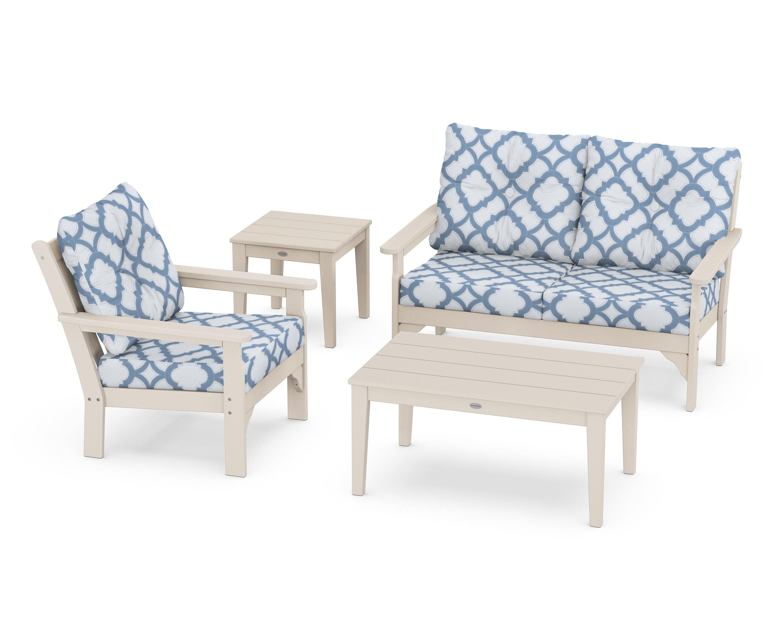 POLYWOOD® Vineyard 4-Piece Deep Seating Set in Sand / Trellis Sky Blue