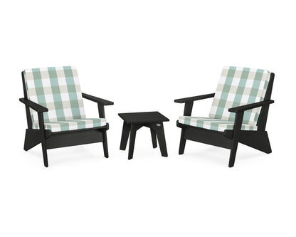 POLYWOOD® Riviera Modern Lounge 3-Piece Set in Black / Buffalo Plaid Glacier Spa