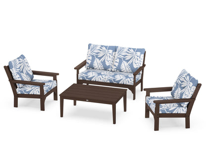 POLYWOOD® Vineyard 4-Piece Deep Seating Set in Mahogany / Leaf Sky Blue