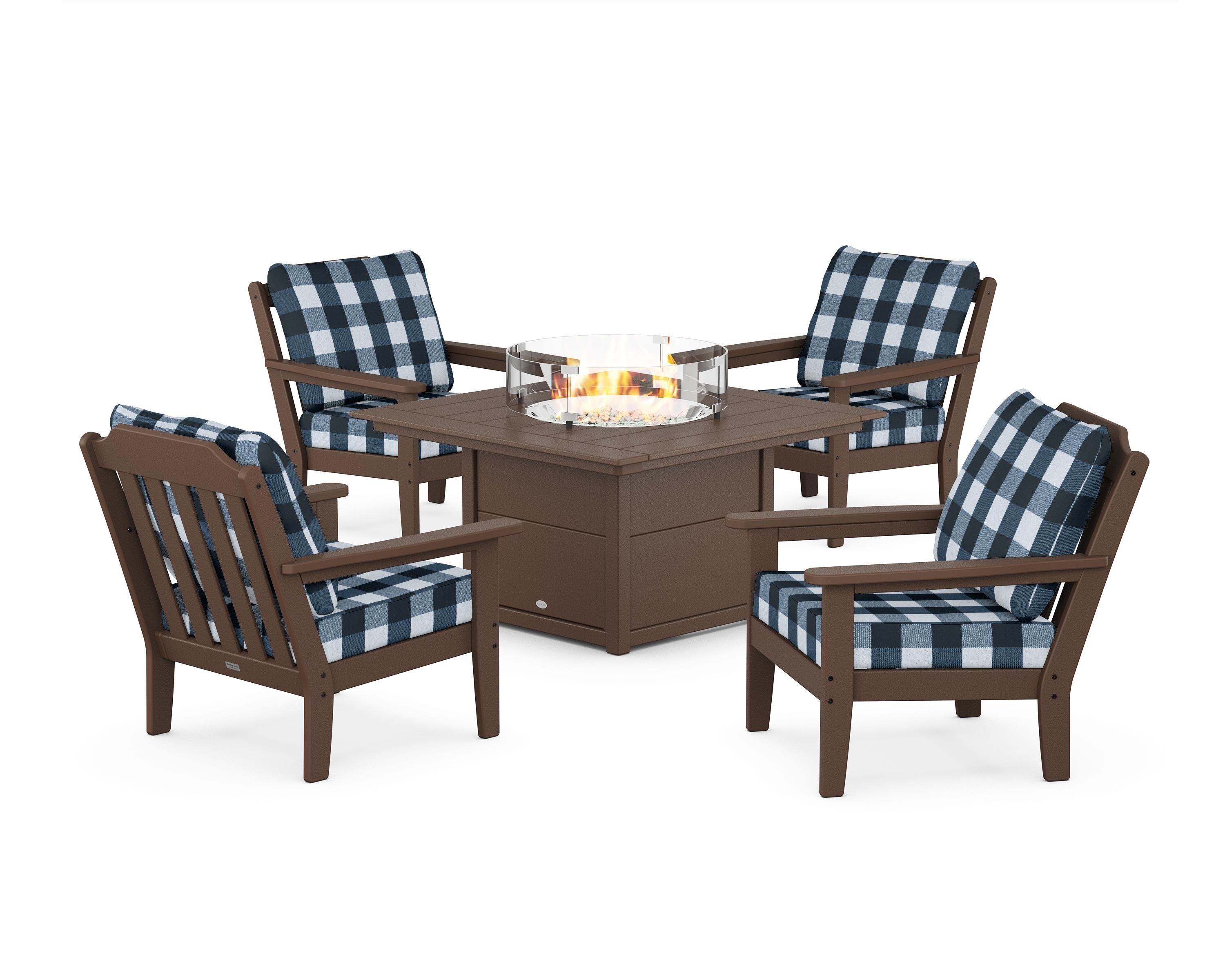 Country Living Cottage 5-Piece Deep Seating Set with Fire Pit Table in Mahogany / Buffalo Plaid Marine Indigo
