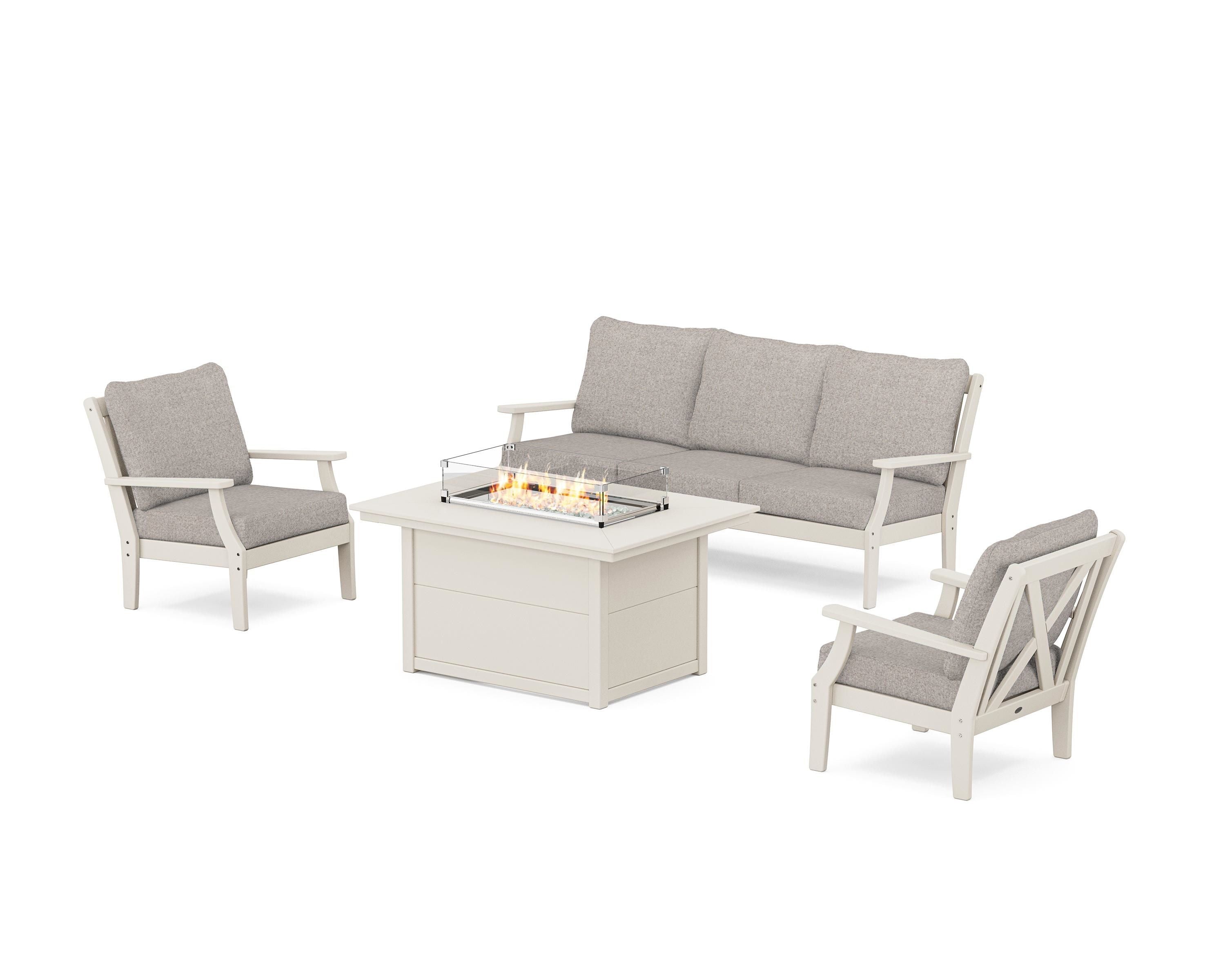 POLYWOOD® Braxton Deep Seating Fire Pit Table Set in Sand / Weathered Tweed