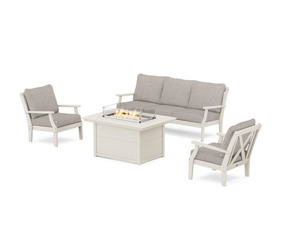 POLYWOOD® Braxton Deep Seating Fire Pit Table Set in Sand / Weathered Tweed