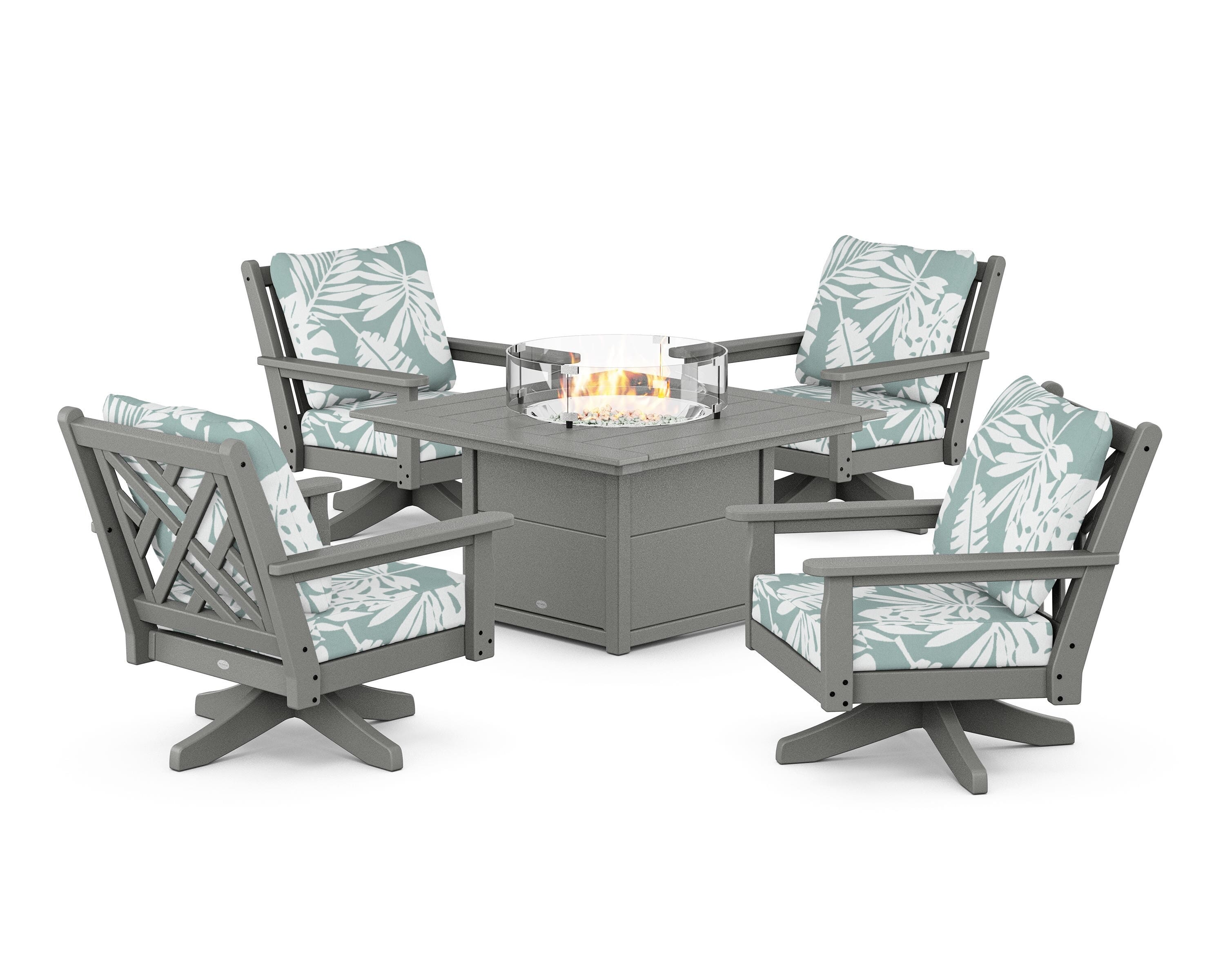 POLYWOOD® Chippendale 5-Piece Deep Seating Swivel Conversation Set with Fire Pit Table in Slate Grey / Leaf Glacier Spa