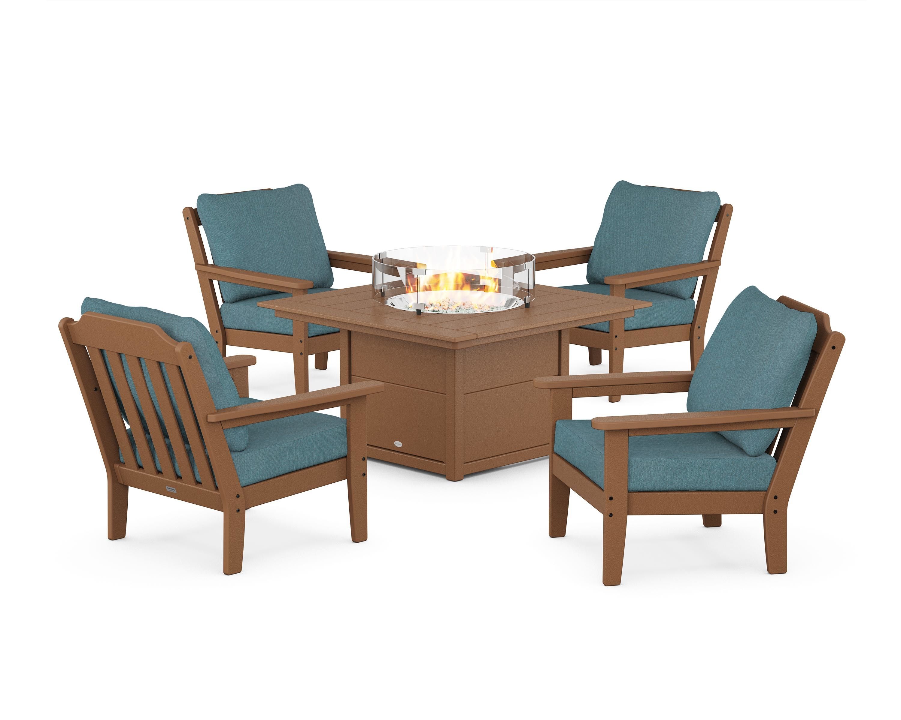 Country Living Cottage 5-Piece Deep Seating Set with Fire Pit Table in Teak / Ocean Teal