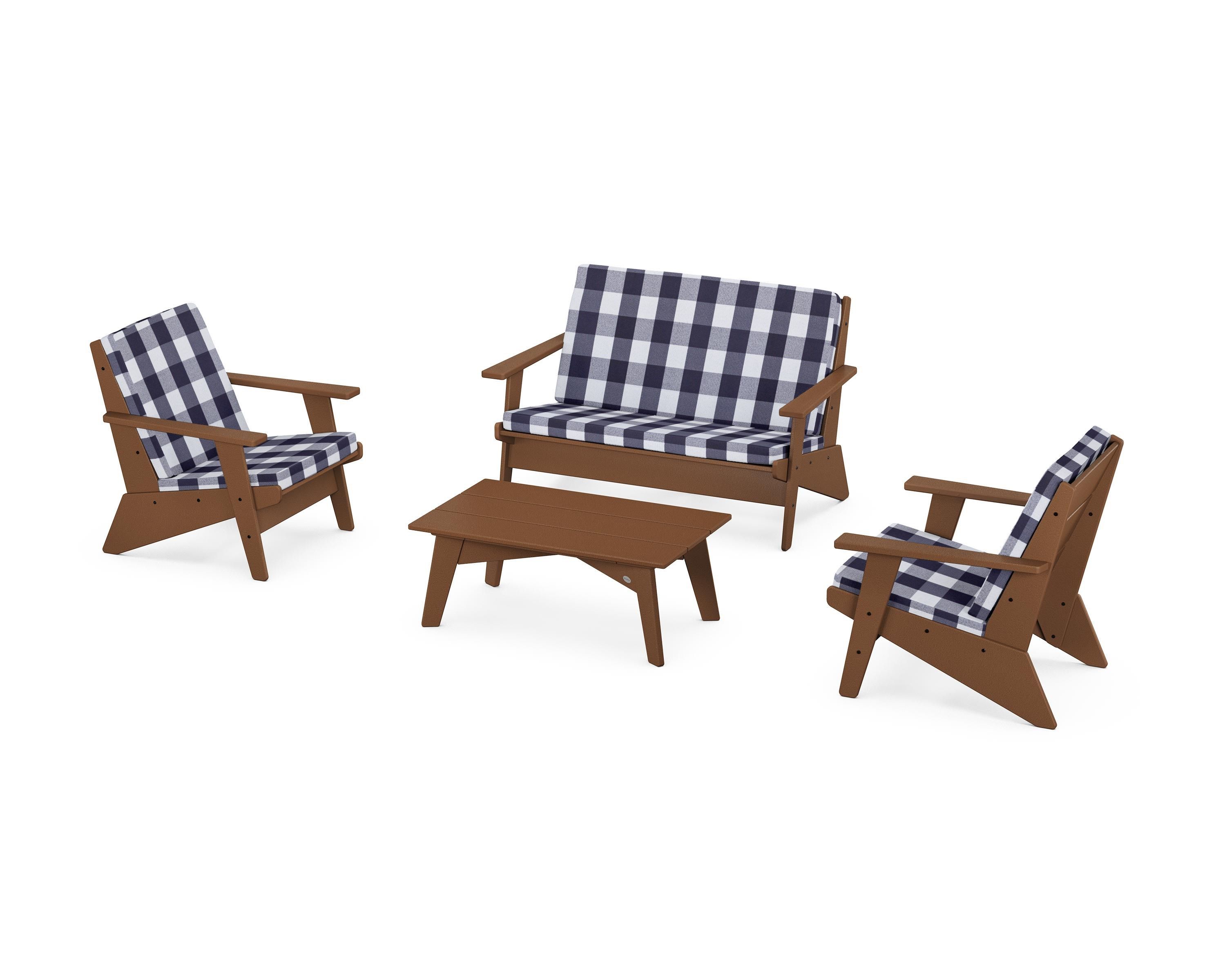 POLYWOOD® Riviera Modern Lounge 4-Piece Set in Teak / Buffalo Plaid Navy