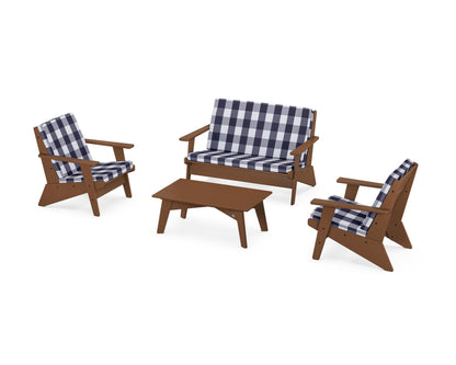 POLYWOOD® Riviera Modern Lounge 4-Piece Set in Teak / Buffalo Plaid Navy