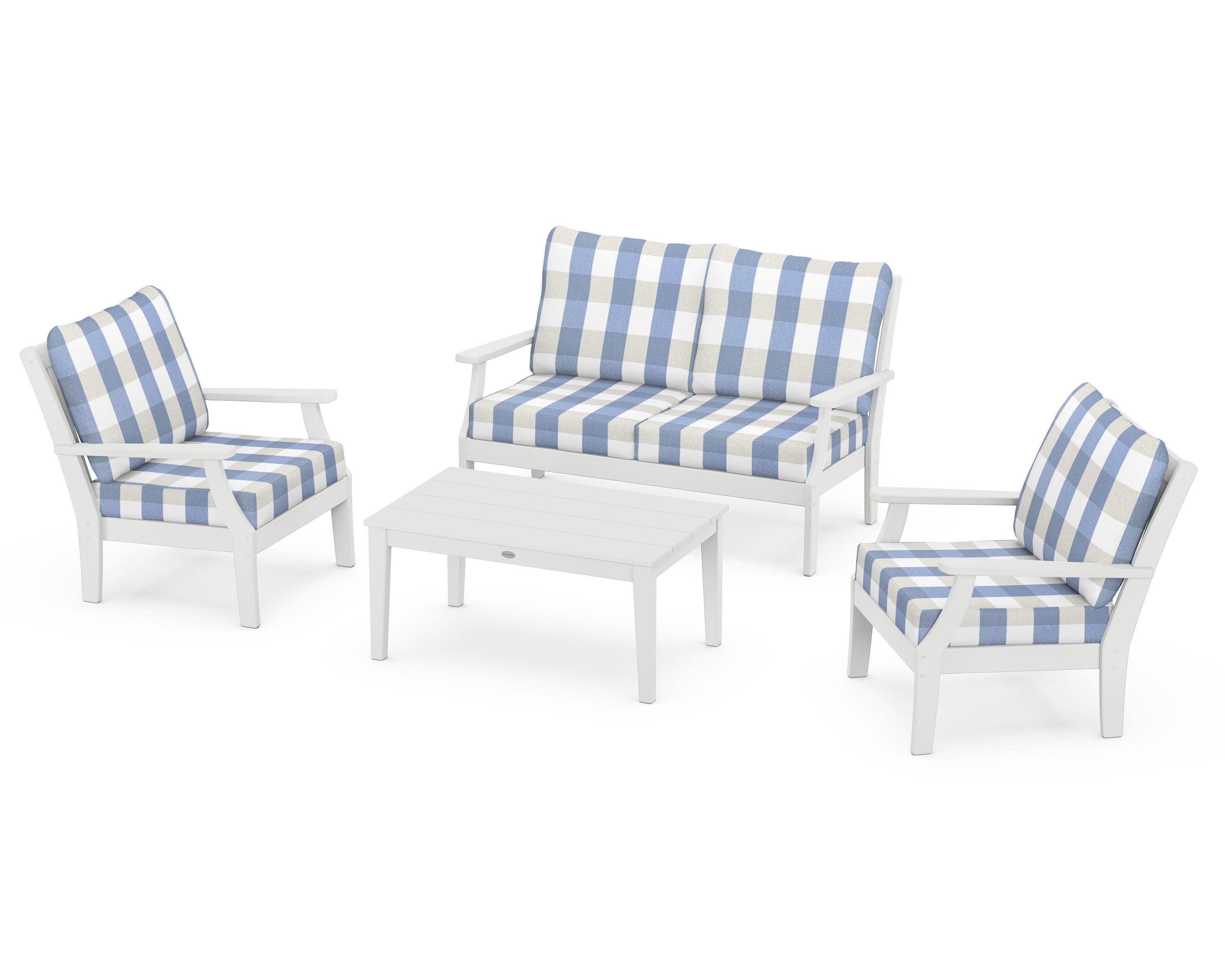POLYWOOD® Braxton 4-Piece Deep Seating Chair Set in White / Buffalo Plaid Sky Blue