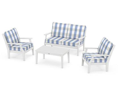 POLYWOOD® Braxton 4-Piece Deep Seating Chair Set in White / Buffalo Plaid Sky Blue