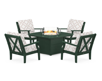 POLYWOOD® Braxton 5-Piece Deep Seating Conversation Set with Fire Pit Table in Green / Trellis Dune Burlap
