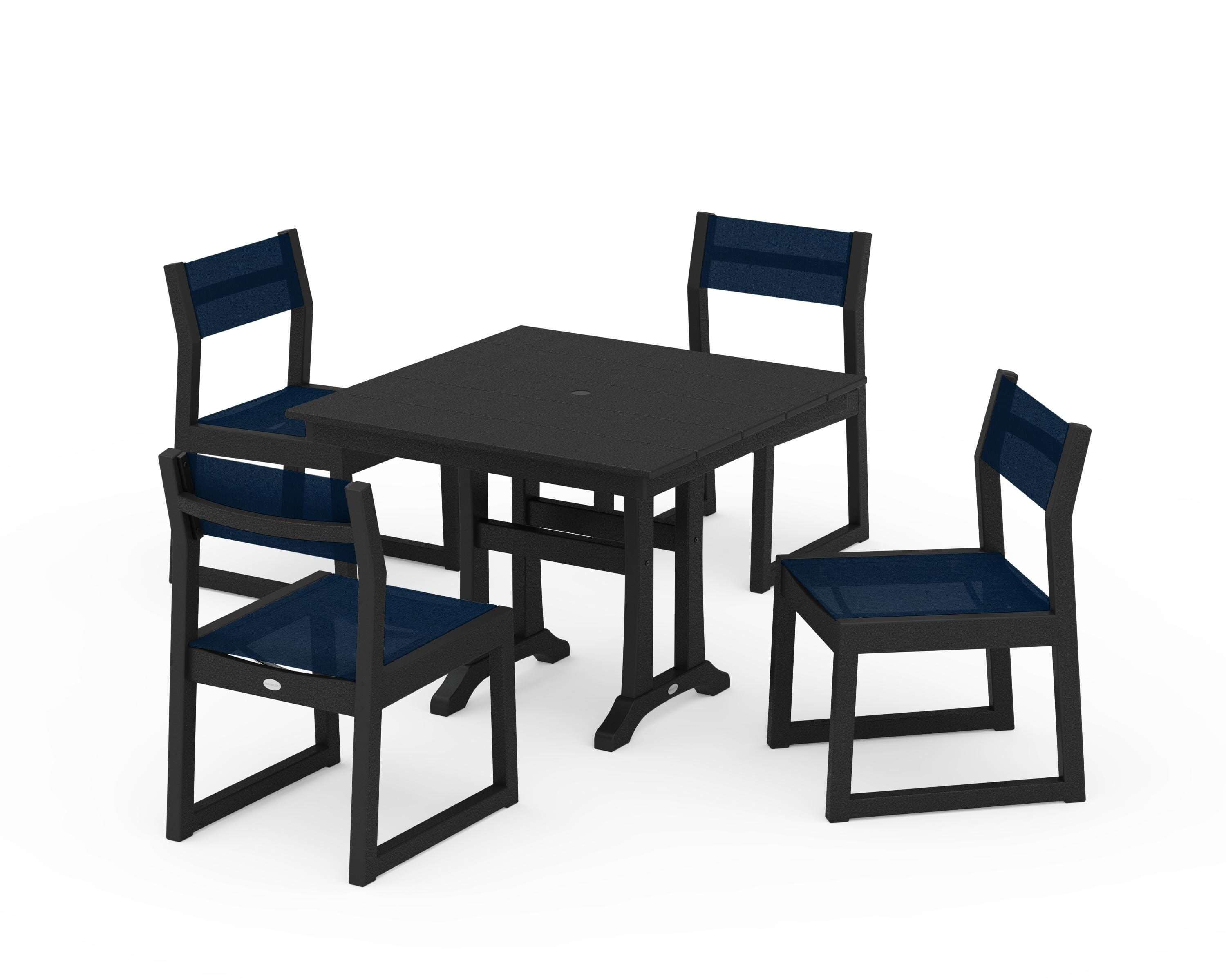 POLYWOOD® EDGE Sling 5-Piece Farmhouse Trestle Side Chair Dining Set in Black / Navy Blue Sling