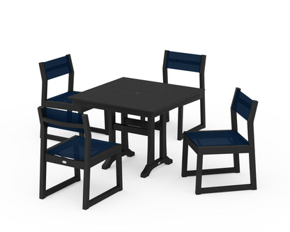 POLYWOOD® EDGE Sling 5-Piece Farmhouse Trestle Side Chair Dining Set in Black / Navy Blue Sling