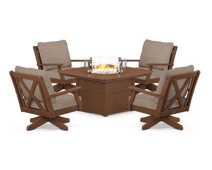 POLYWOOD® Braxton 5-Piece Deep Seating Swivel Conversation Set with Fire Pit Table in Teak / Spiced Burlap