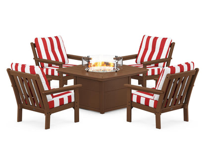 POLYWOOD® Vineyard 5-Piece Conversation Set with Fire Pit Table in Teak / Cabana Stripe Crimson