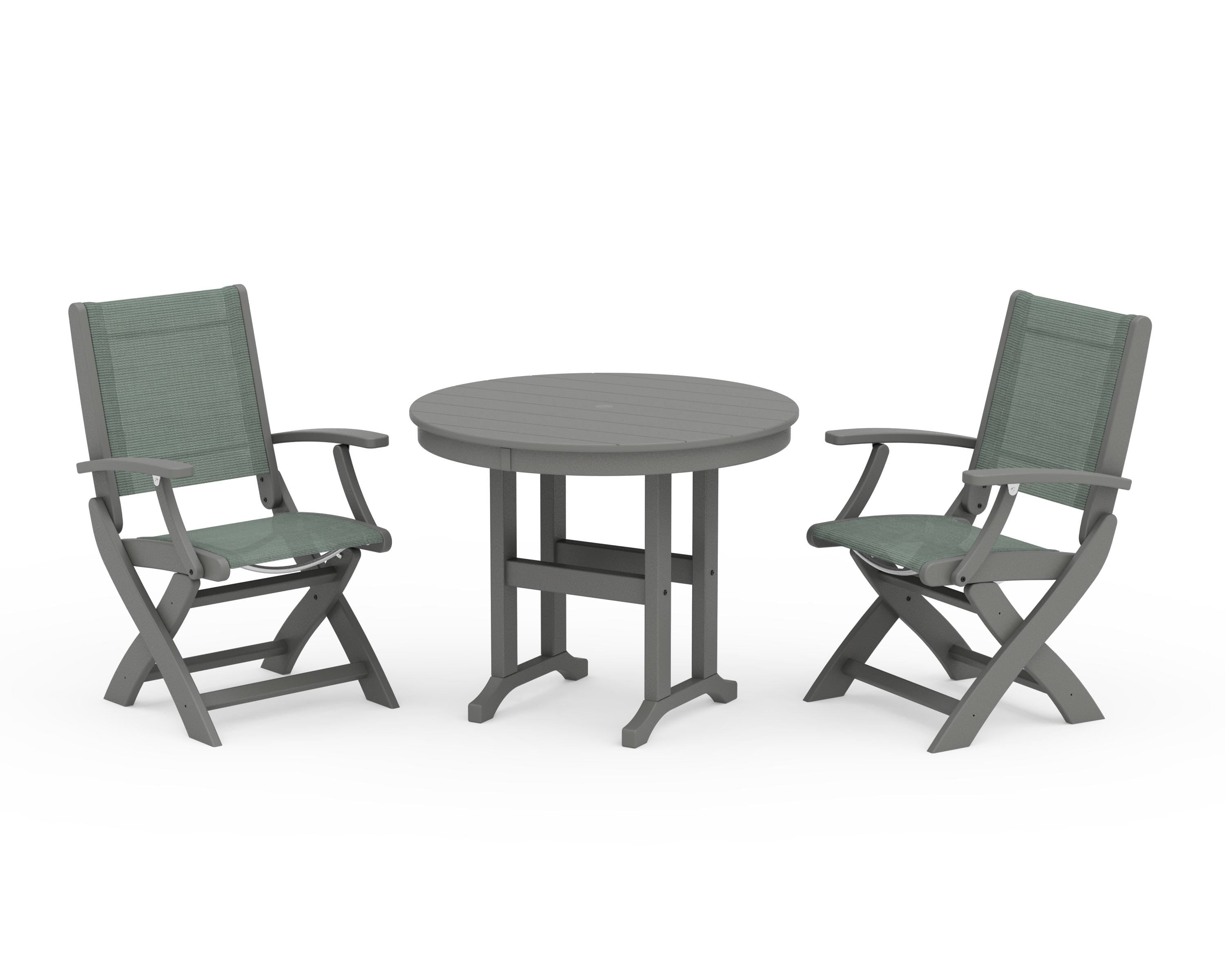 POLYWOOD® Coastal Folding Chair 3-Piece Round Dining Set in Slate Grey / Dupioni Sea Mist Sling