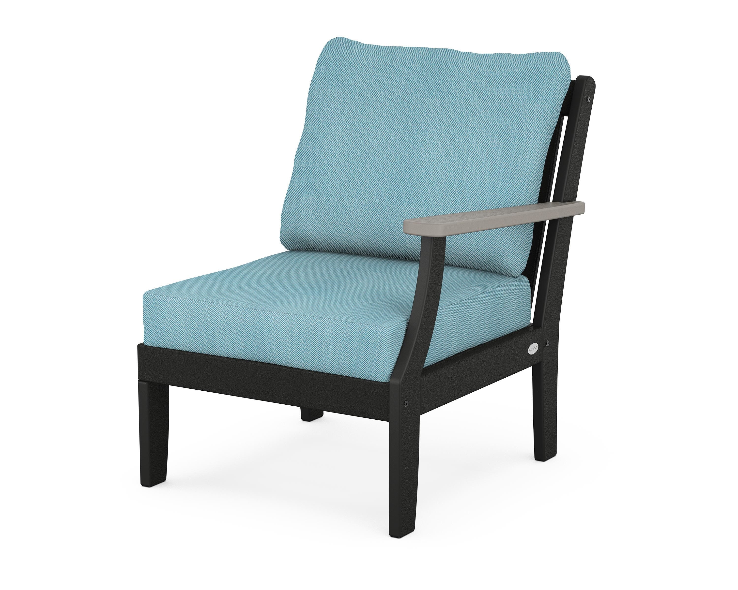 POLYWOOD® Braxton Modular Right Arm Chair in Black / Driftwood / Lattice Sky Blue