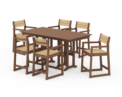 POLYWOOD® EDGE Sling Arm Chair 7-Piece Farmhouse Counter Set in Teak / Dupioni Apricot Sling