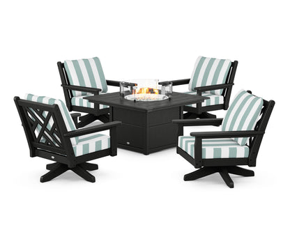 POLYWOOD® Chippendale 5-Piece Deep Seating Swivel Conversation Set with Fire Pit Table in Black / Cabana Stripe Glacier Spa