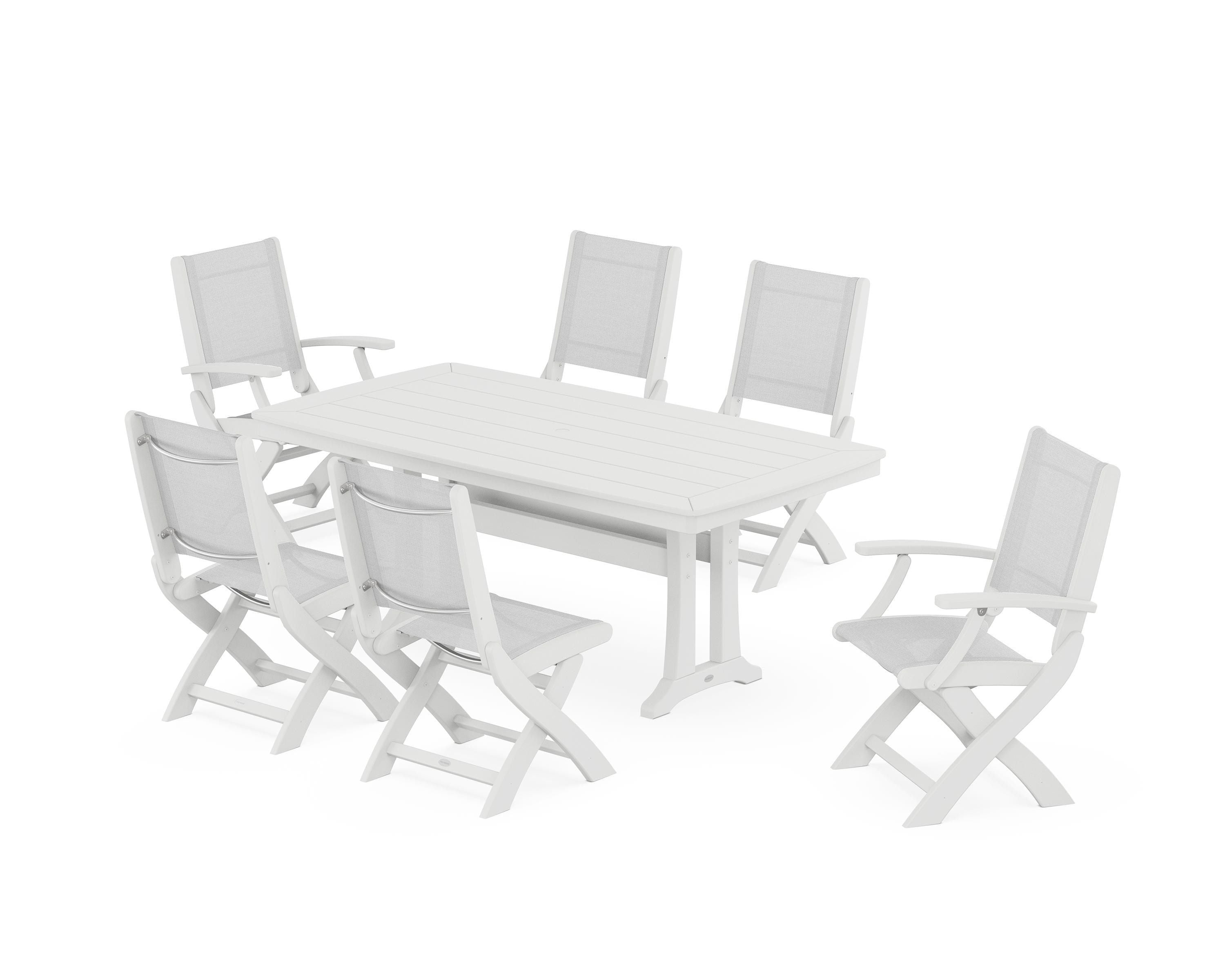 POLYWOOD® Coastal Folding Chair 7-Piece Dining Set with Trestle Legs in White / White Sling