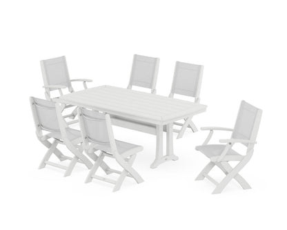 POLYWOOD® Coastal Folding Chair 7-Piece Dining Set with Trestle Legs in White / White Sling