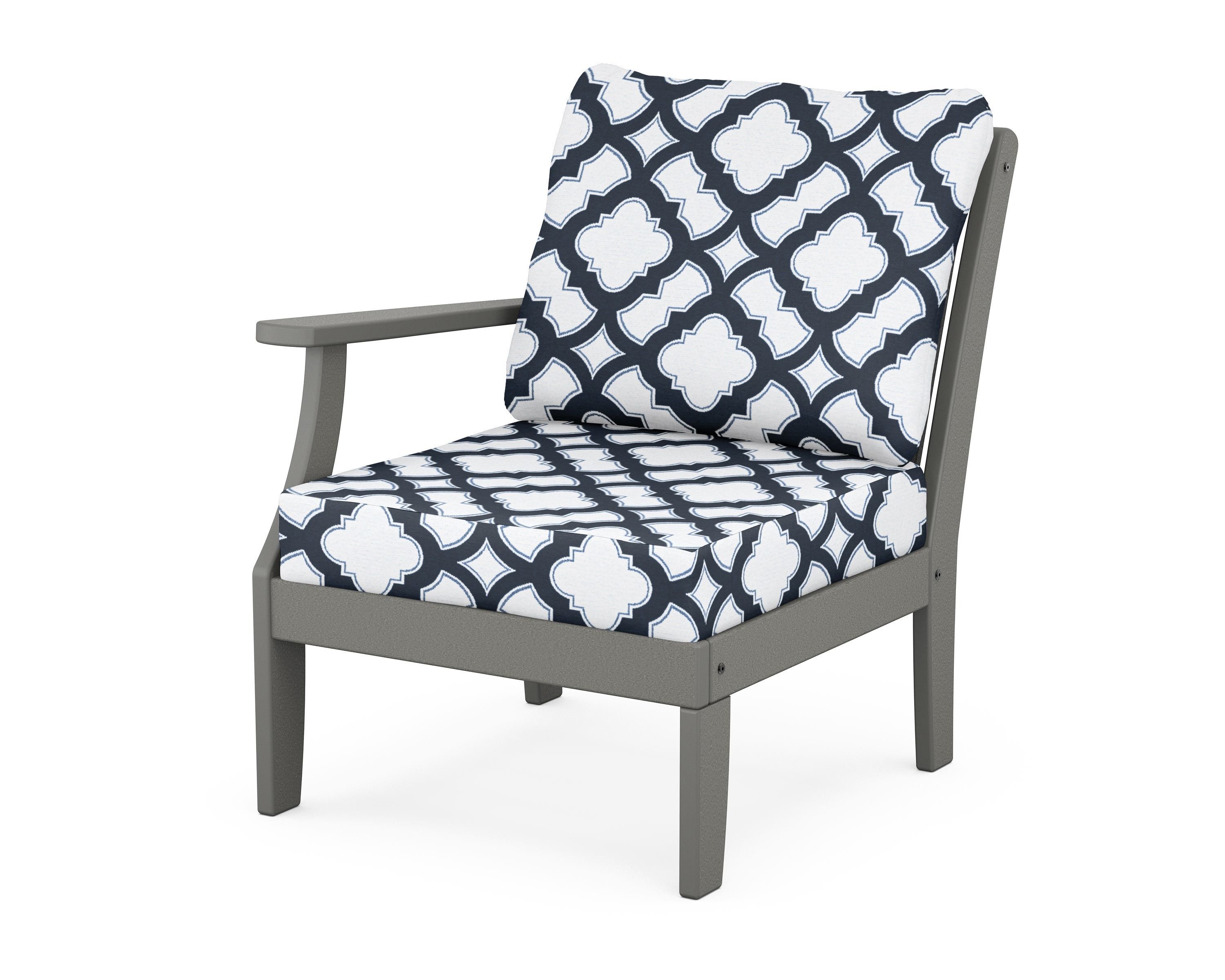 POLYWOOD® Braxton Modular Left Arm Chair in Slate Grey / Trellis Marine Indigo