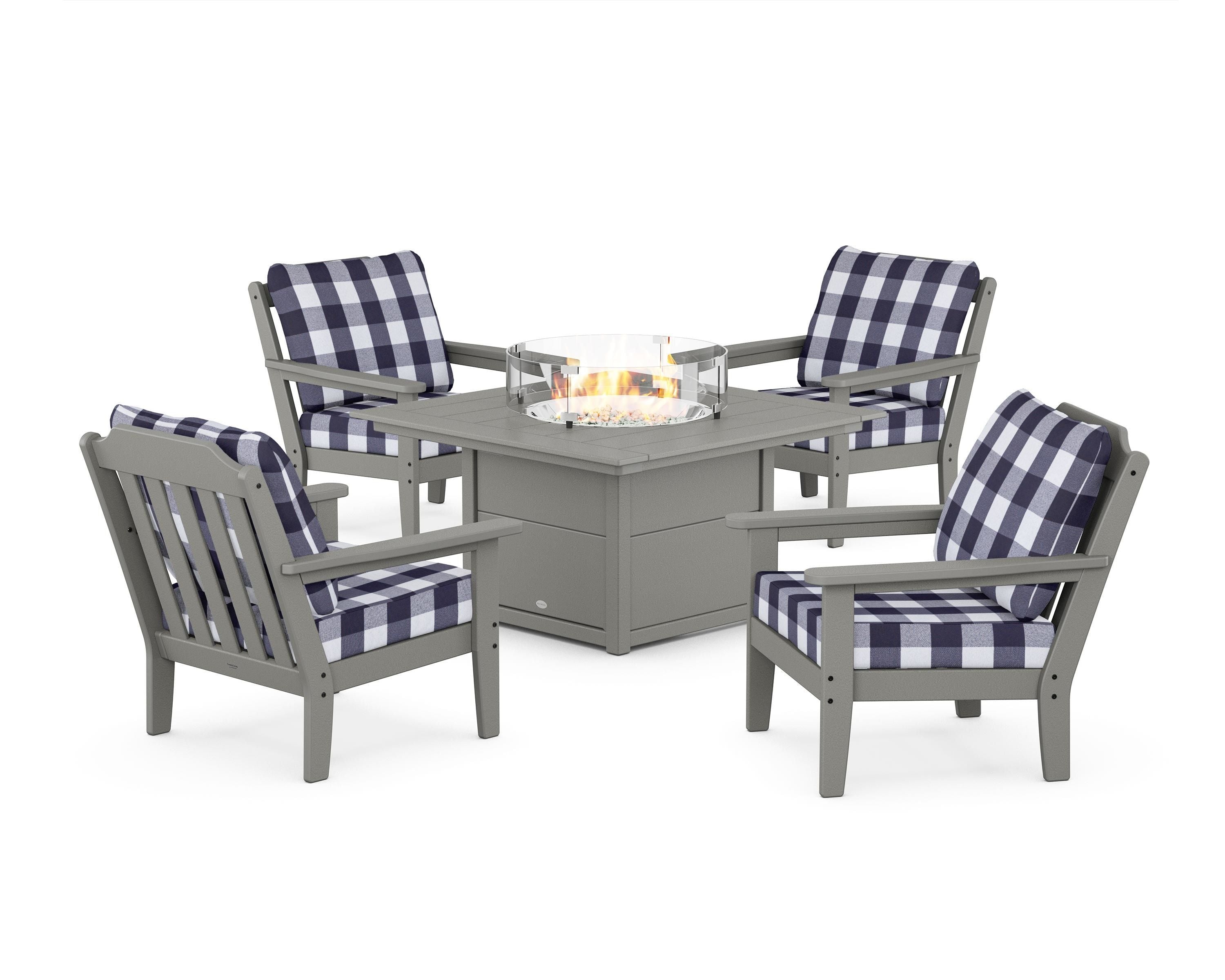 Country Living Cottage 5-Piece Deep Seating Set with Fire Pit Table in Slate Grey / Buffalo Plaid Navy
