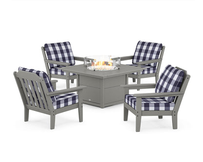 Country Living Cottage 5-Piece Deep Seating Set with Fire Pit Table in Slate Grey / Buffalo Plaid Navy