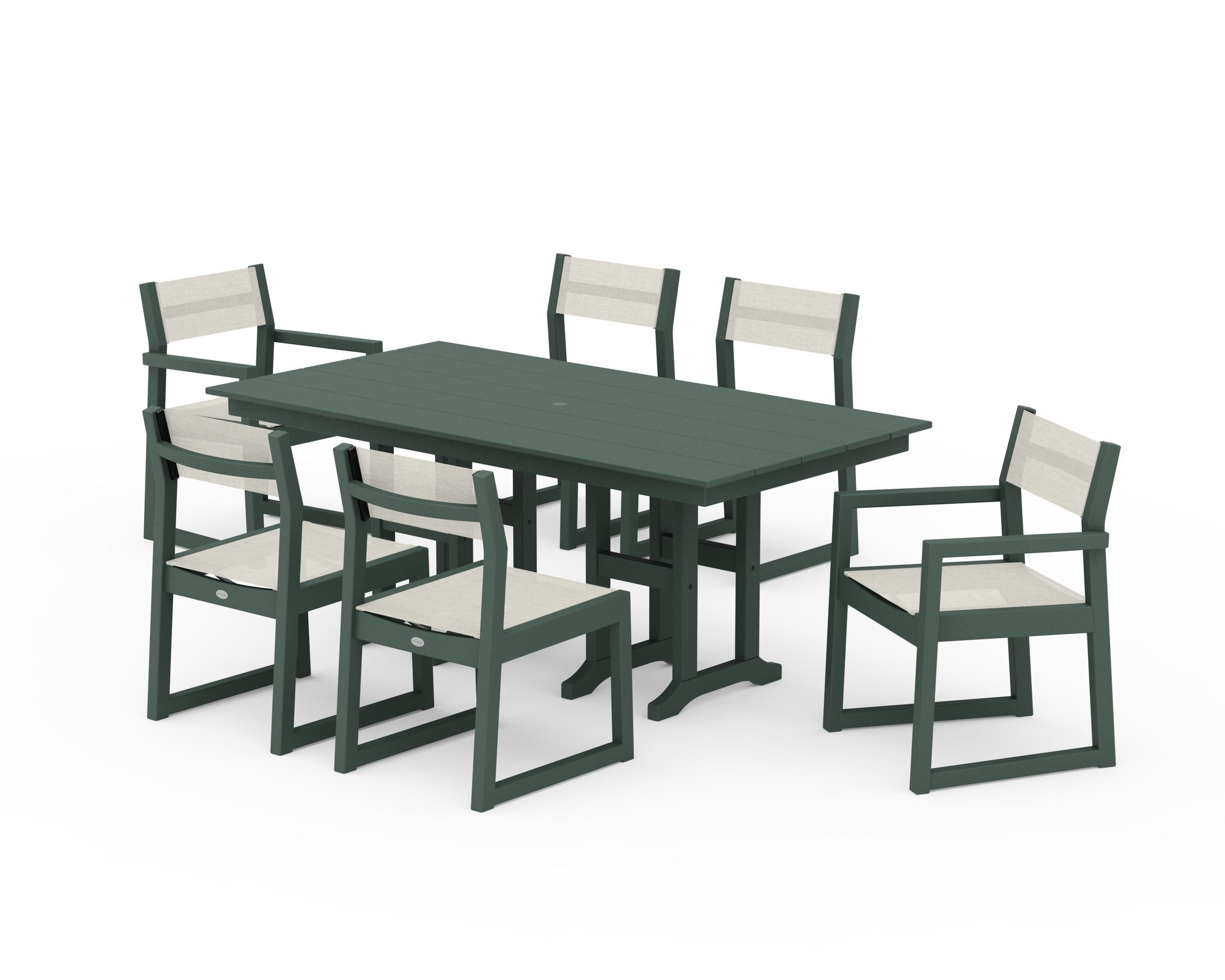 POLYWOOD® EDGE Sling 7-Piece Farmhouse Dining Set in Green / Parchment Sling