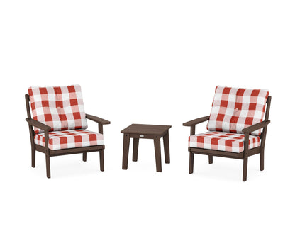POLYWOOD® Oxford 3-Piece Deep Seating Set in Mahogany / Buffalo Plaid Crimson