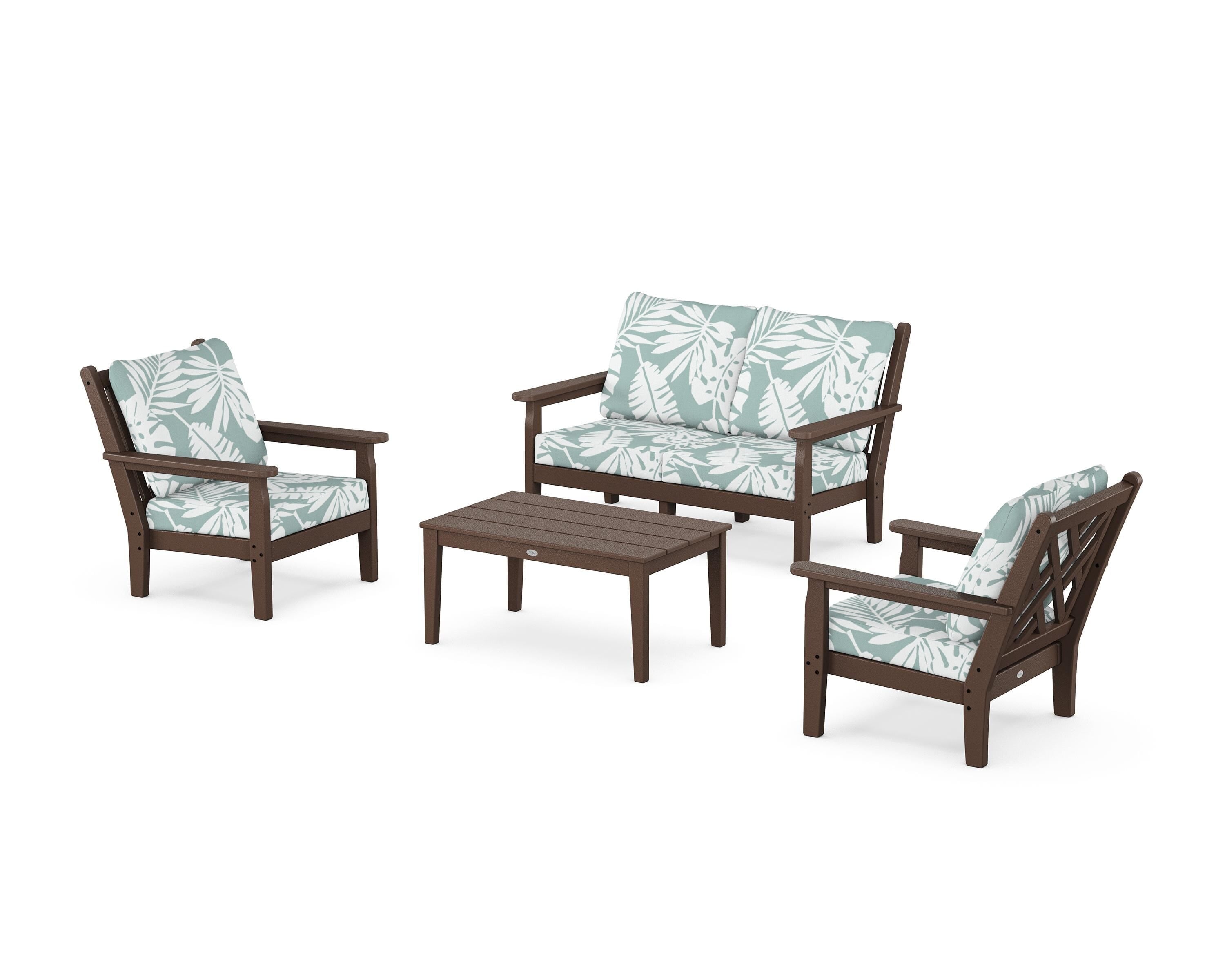 POLYWOOD® Chippendale 4-Piece Deep Seating Set with Loveseat in Mahogany / Leaf Glacier Spa