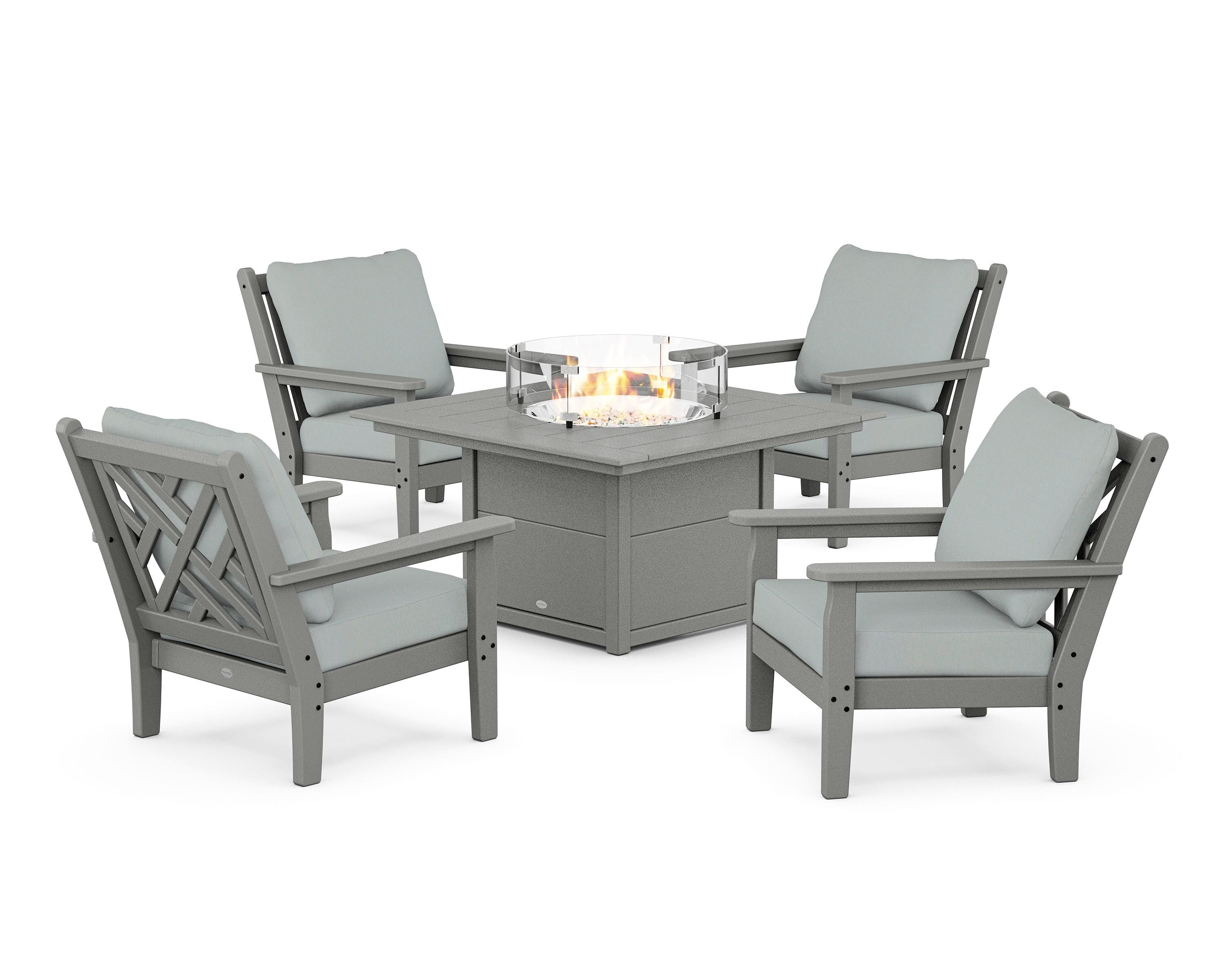 POLYWOOD® Chippendale 5-Piece Deep Seating Set with Fire Pit Table in Slate Grey / Spa