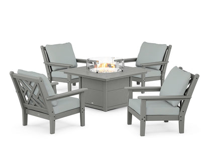 POLYWOOD® Chippendale 5-Piece Deep Seating Set with Fire Pit Table in Slate Grey / Spa