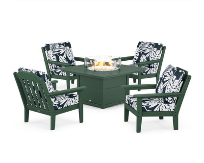 Country Living Cottage 5-Piece Deep Seating Set with Fire Pit Table in Green / Leaf Marine Indigo
