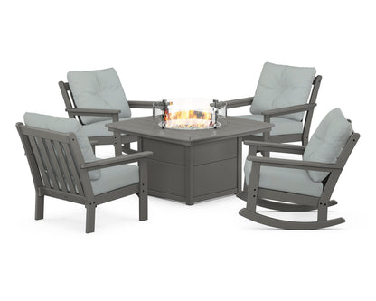 POLYWOOD® Vineyard 5-Piece Deep Seating Rocking Chair Conversation Set with Fire Pit Table in Slate Grey / Spa