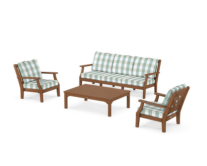 Martha Stewart by POLYWOOD® Chinoiserie 4-Piece Deep Seating Set with Sofa in Teak / Buffalo Plaid Glacier Spa