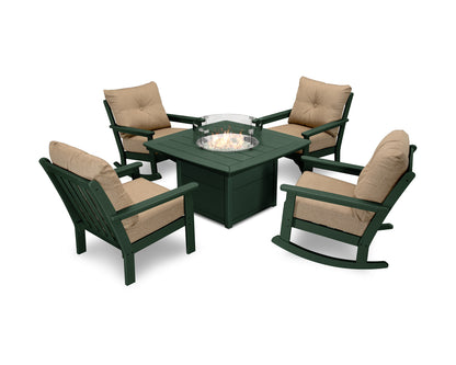 POLYWOOD® Vineyard 5-Piece Deep Seating Rocking Chair Conversation Set with Fire Pit Table in Green / Sesame