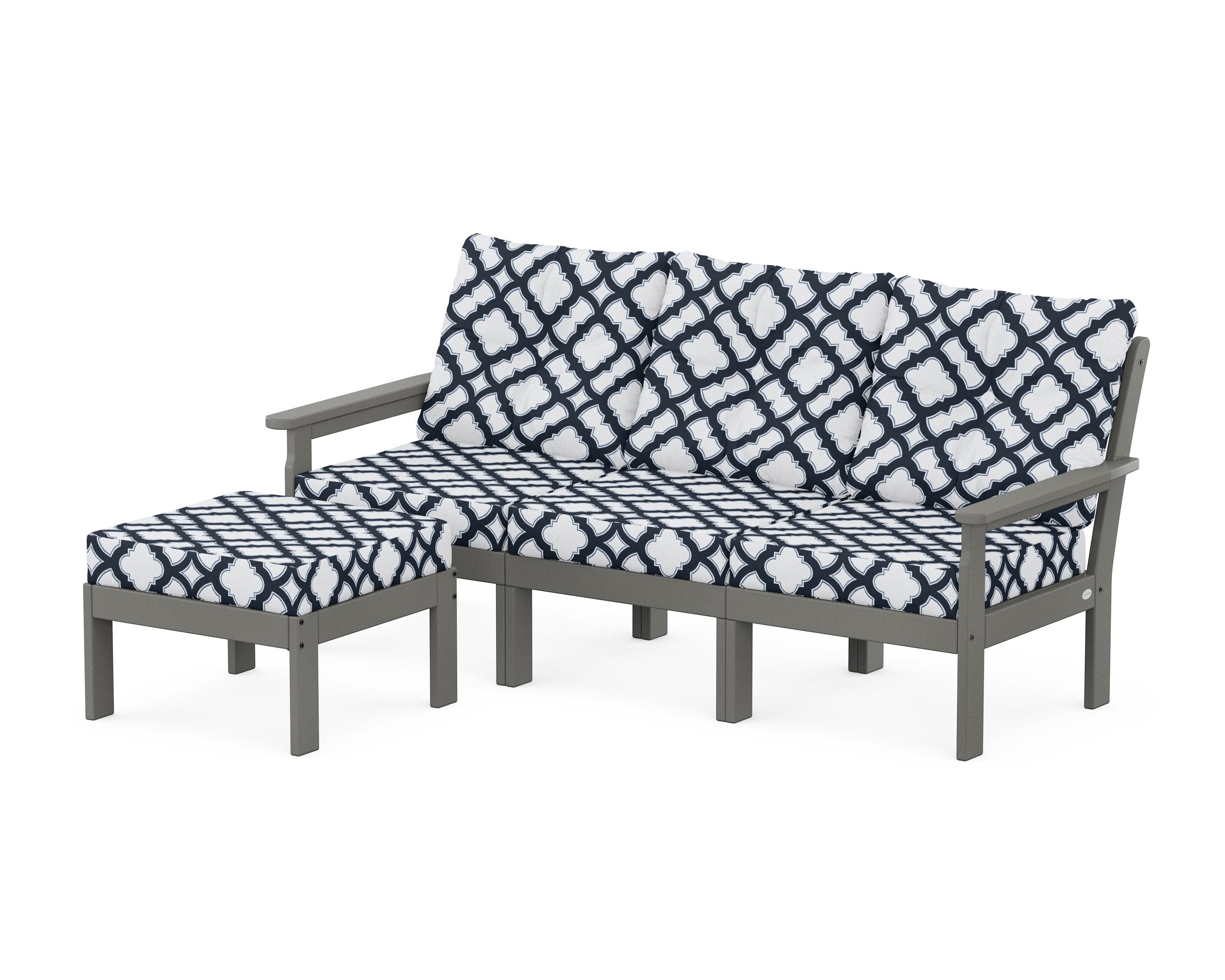 POLYWOOD® Vineyard 4-Piece Sectional with Ottoman in Slate Grey / Trellis Marine Indigo