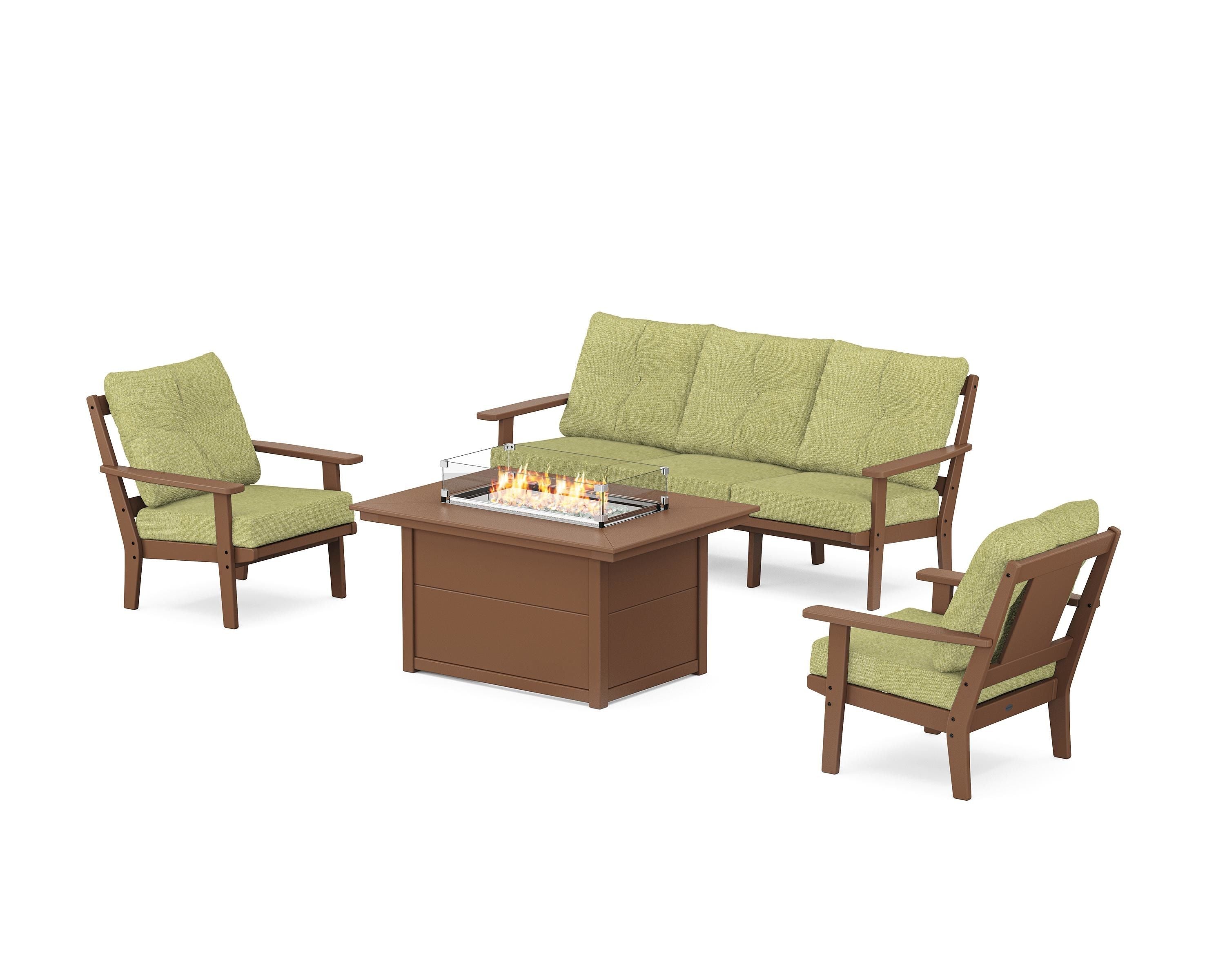 POLYWOOD® Prairie Deep Seating Fire Pit Table Set in Teak / Chartreuse Boucle